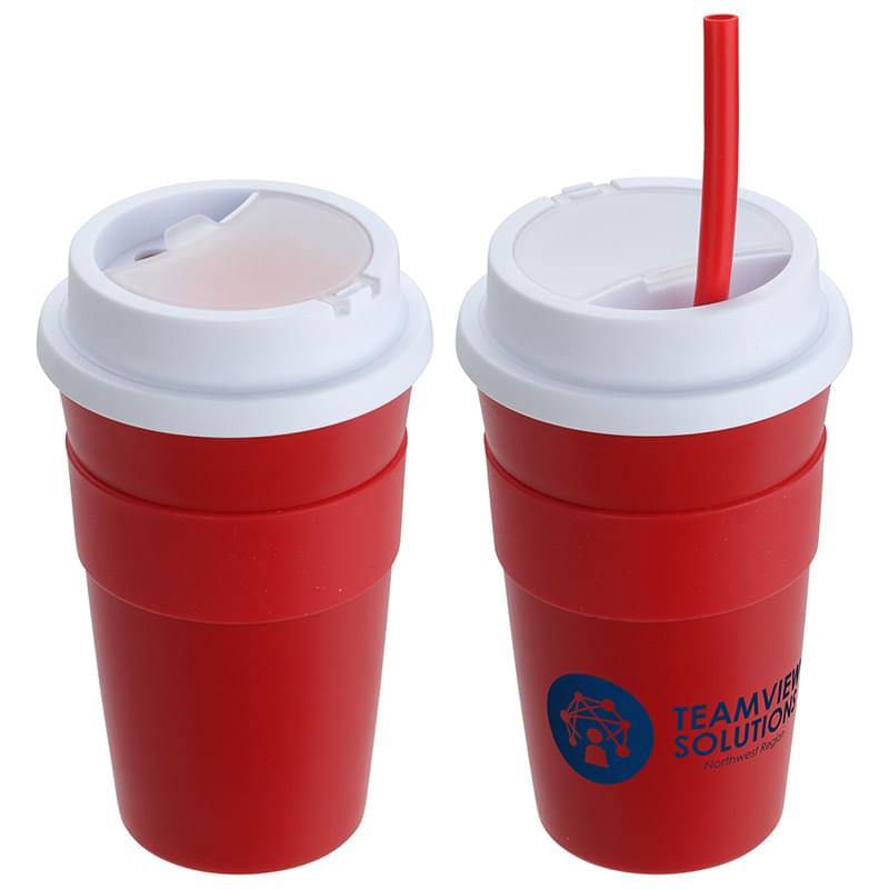 Bistro 14 oz Coffe Cup with Silicone Sleeve + Straw Red