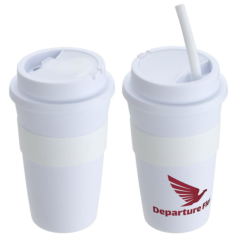 Bistro 14 oz Coffe Cup with Silicone Sleeve + Straw White
