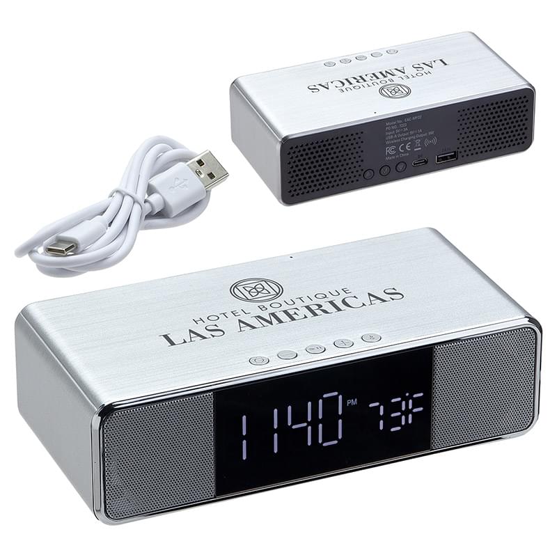 Mystic Alarm Clock with Wireless Speaker & Charger Silver