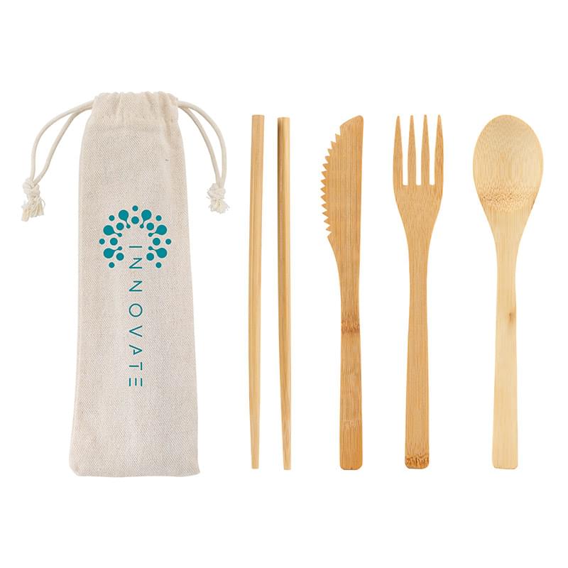 Bamboo Cutlery Set In Cotton Drawstring Pouch