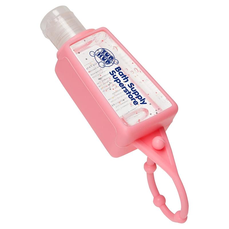 1 oz. Hand Sanitizer Gel with pink rubber case and adjustable strap